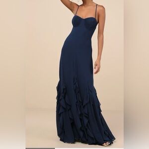 Lulu's Dark Navy Ruffled Lace-Up Maxi Dress